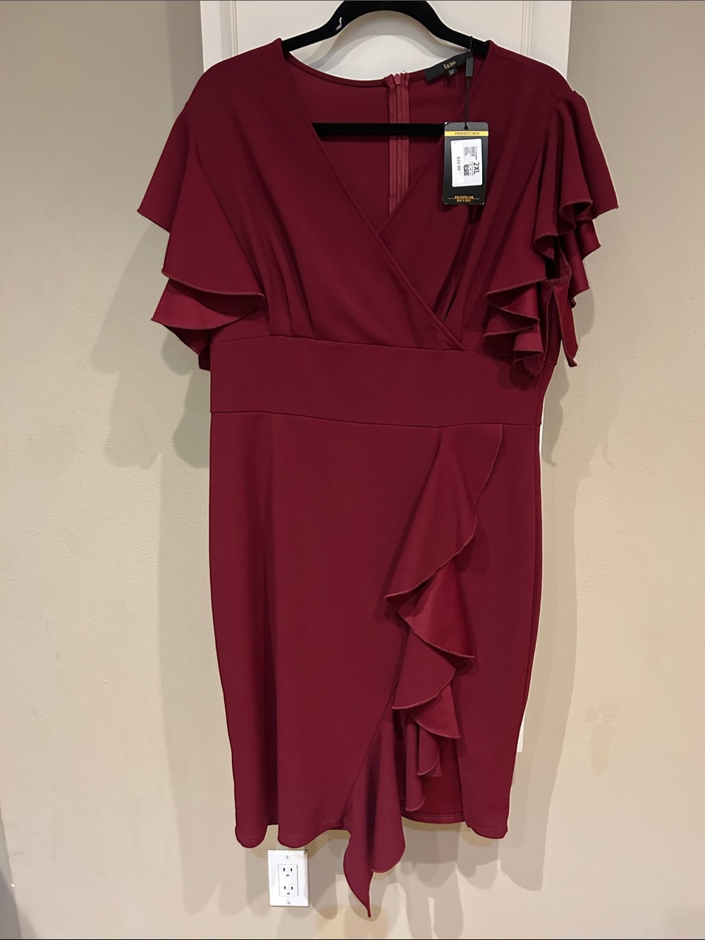 Nwt Kniter Burgundy Ruffle Wrap-Effect Midi Dress
